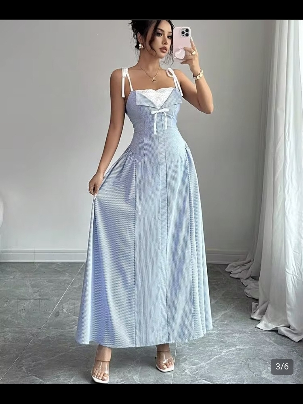 SHEIN Light Blue Maxi Dress with White Lace Trim and Tie Straps